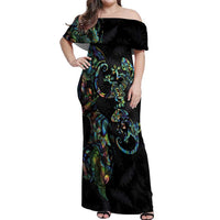 New Zealand Gecko Maori Art Tattoo Off Shoulder Maxi Dress Silver Fern and Paua Shell Mode LT03 Women Black - Polynesian Pride