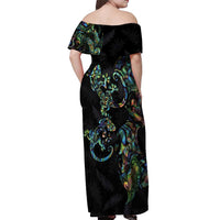 New Zealand Gecko Maori Art Tattoo Off Shoulder Maxi Dress Silver Fern and Paua Shell Mode LT03 - Polynesian Pride
