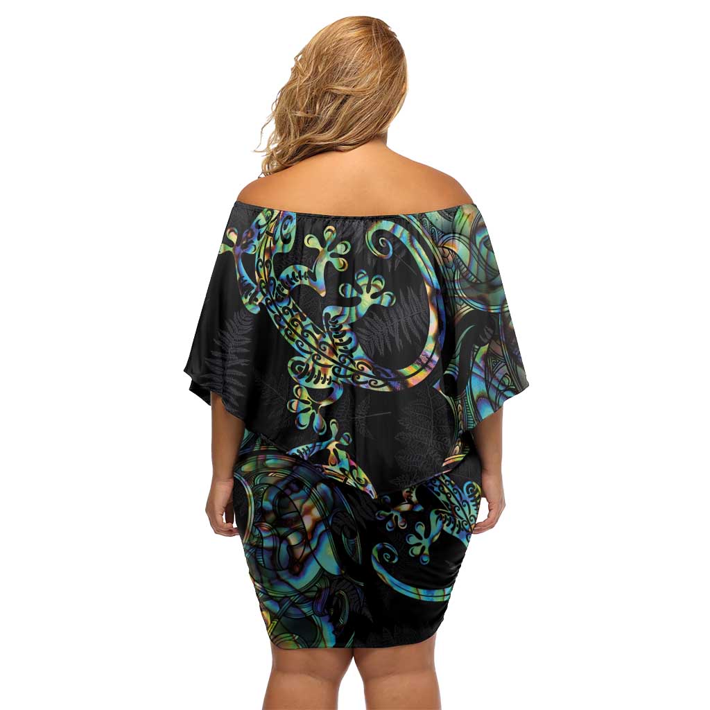 New Zealand Gecko Maori Art Tattoo Off Shoulder Short Dress Silver Fern and Paua Shell Mode LT03 - Polynesian Pride