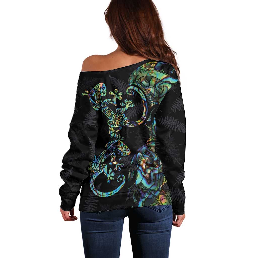 New Zealand Gecko Maori Art Tattoo Off Shoulder Sweater Silver Fern and Paua Shell Mode LT03 - Polynesian Pride
