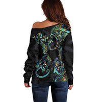 New Zealand Gecko Maori Art Tattoo Off Shoulder Sweater Silver Fern and Paua Shell Mode LT03 - Polynesian Pride