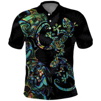 New Zealand Gecko Maori Art Tattoo Polo Shirt Silver Fern and Paua Shell Mode LT03 Black - Polynesian Pride