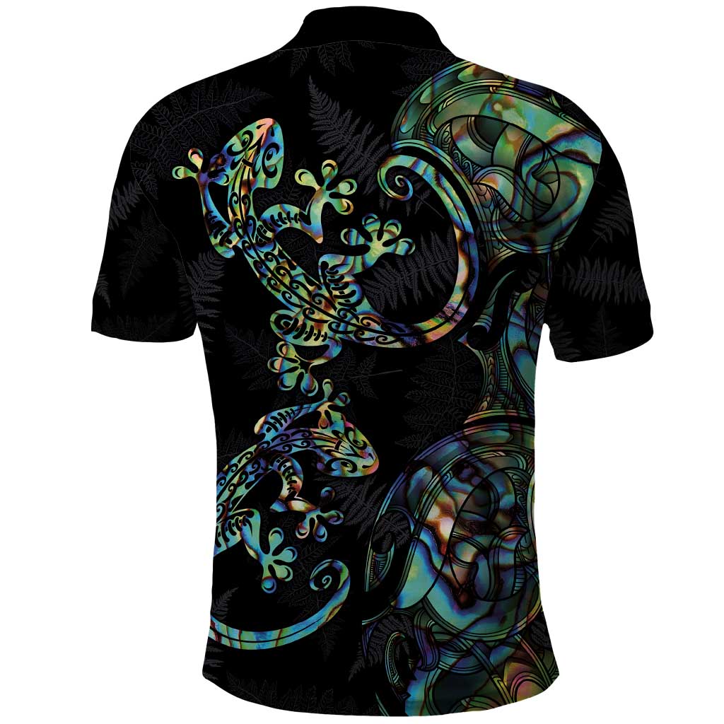 New Zealand Gecko Maori Art Tattoo Polo Shirt Silver Fern and Paua Shell Mode LT03 - Polynesian Pride