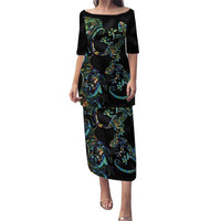 New Zealand Gecko Maori Art Tattoo Puletasi Silver Fern and Paua Shell Mode LT03 Long Dress Black - Polynesian Pride