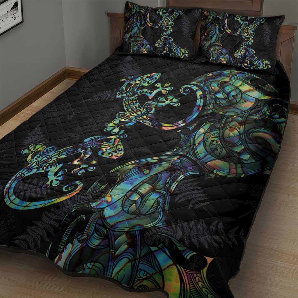 New Zealand Gecko Maori Art Tattoo Quilt Bed Set Silver Fern and Paua Shell Mode LT03 - Polynesian Pride