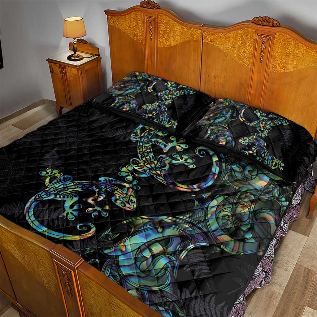 New Zealand Gecko Maori Art Tattoo Quilt Bed Set Silver Fern and Paua Shell Mode LT03 - Polynesian Pride