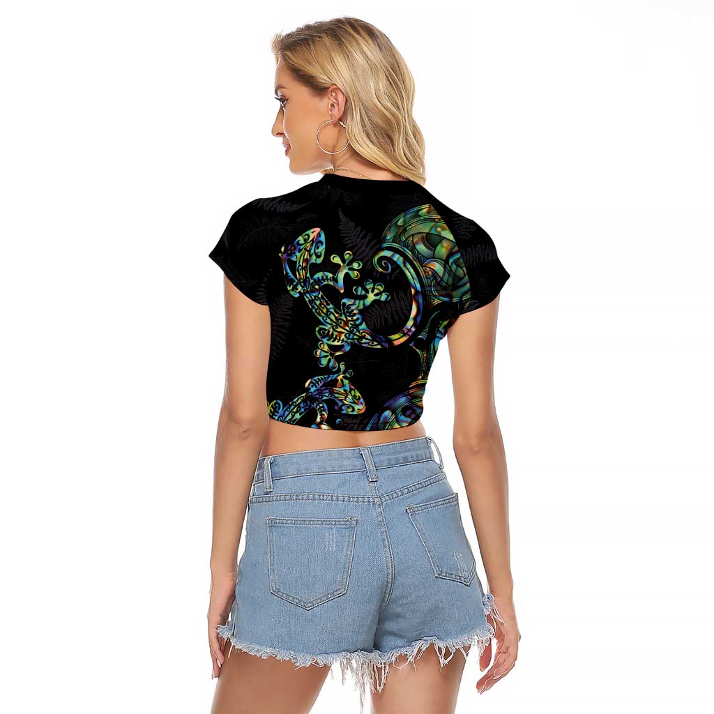 New Zealand Gecko Maori Art Tattoo Raglan Cropped T Shirt Silver Fern and Paua Shell Mode LT03 - Polynesian Pride