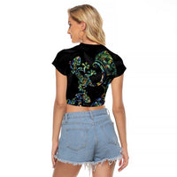 New Zealand Gecko Maori Art Tattoo Raglan Cropped T Shirt Silver Fern and Paua Shell Mode LT03 - Polynesian Pride