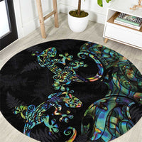 New Zealand Gecko Maori Art Tattoo Round Carpet Silver Fern and Paua Shell Mode LT03 Black - Polynesian Pride