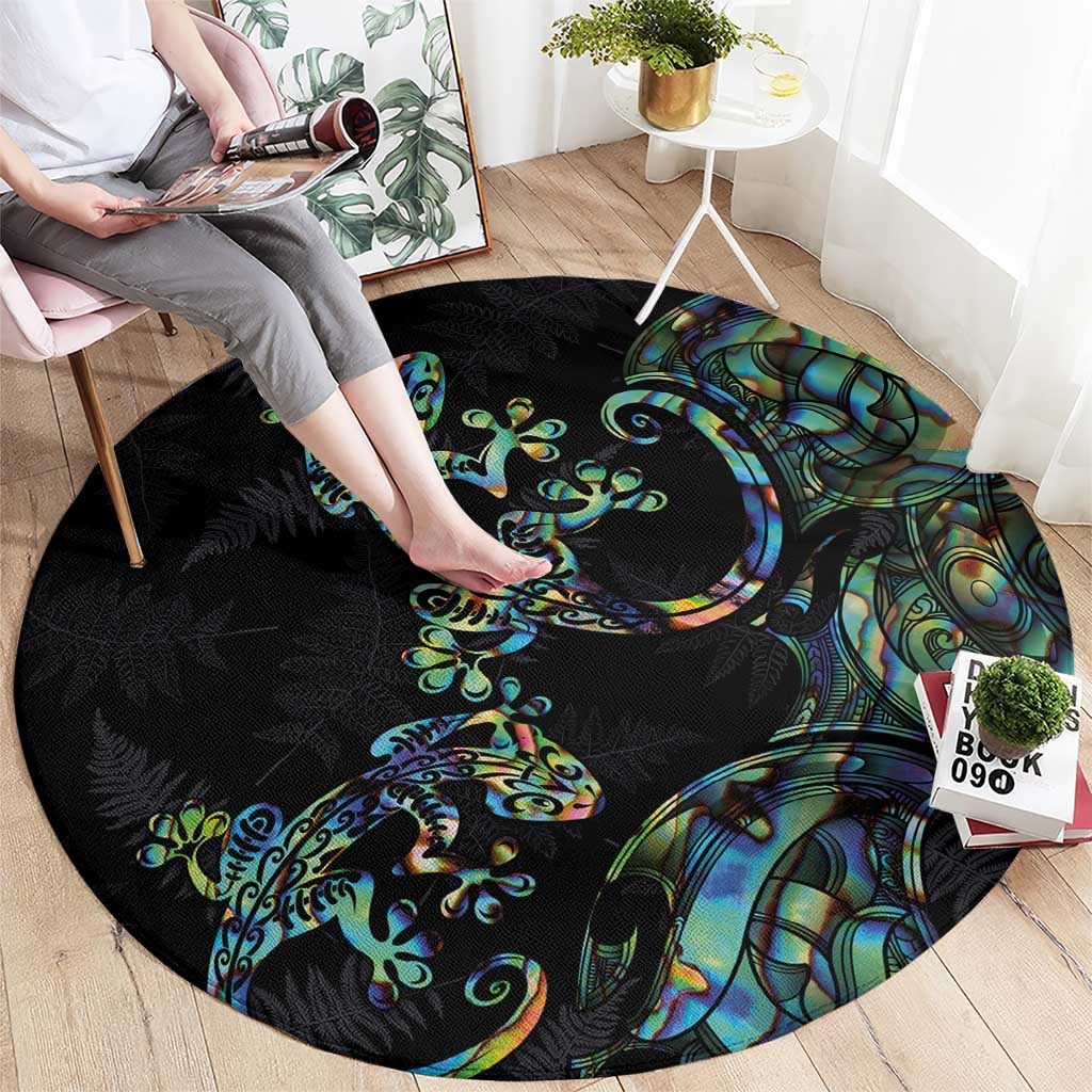 New Zealand Gecko Maori Art Tattoo Round Carpet Silver Fern and Paua Shell Mode LT03 - Polynesian Pride