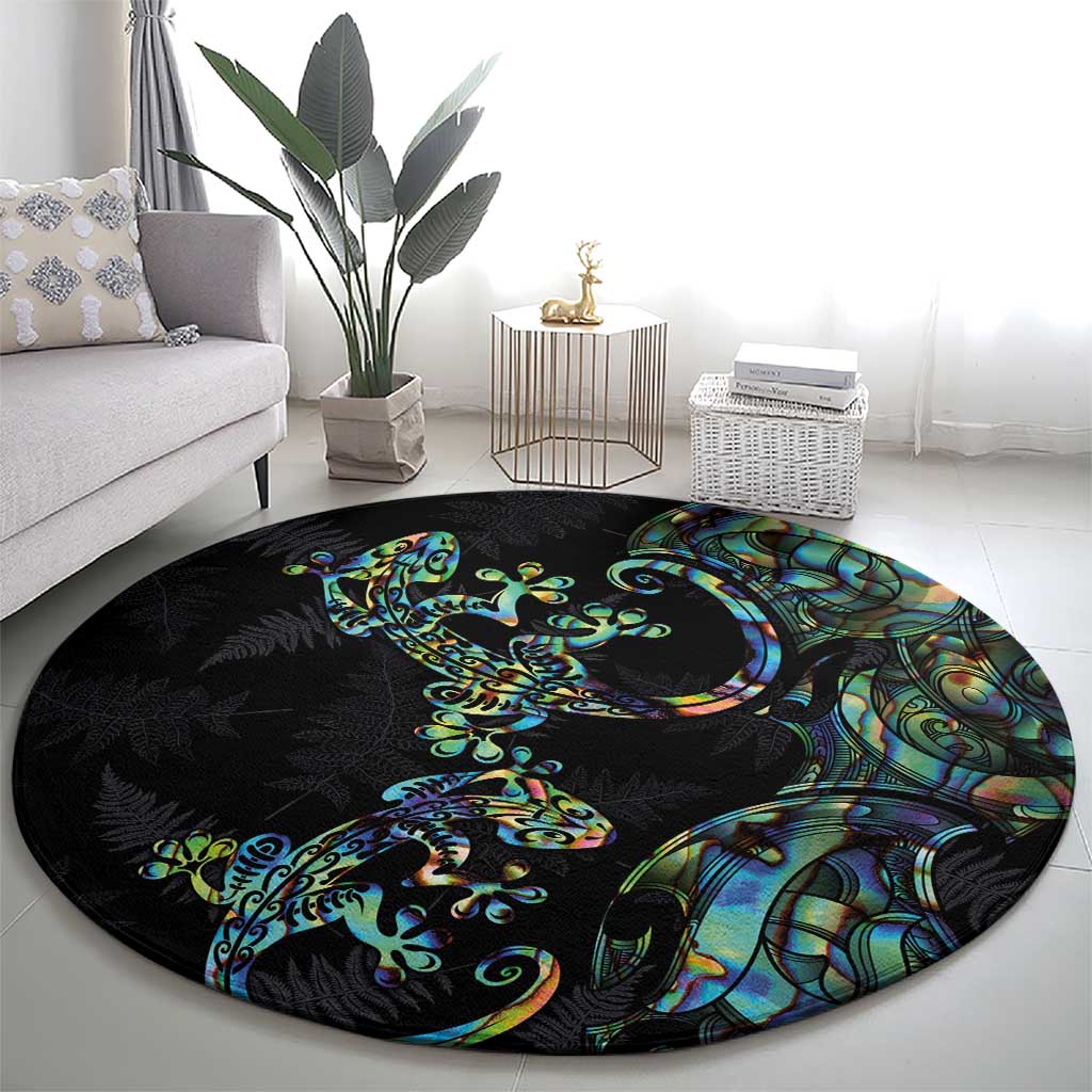 New Zealand Gecko Maori Art Tattoo Round Carpet Silver Fern and Paua Shell Mode LT03 - Polynesian Pride