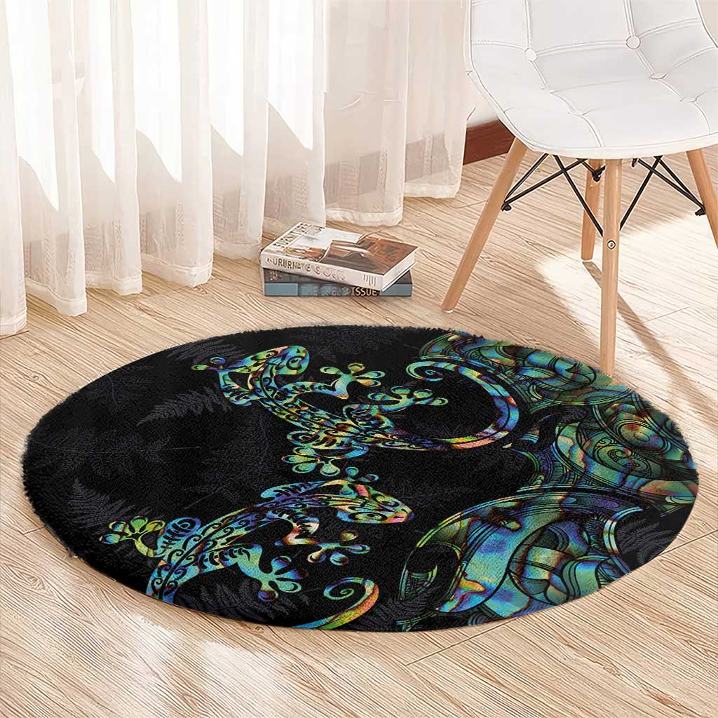 New Zealand Gecko Maori Art Tattoo Round Carpet Silver Fern and Paua Shell Mode LT03 - Polynesian Pride