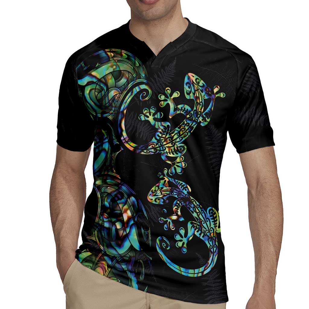 New Zealand Gecko Maori Art Tattoo Rugby Jersey Silver Fern and Paua Shell Mode LT03 - Polynesian Pride