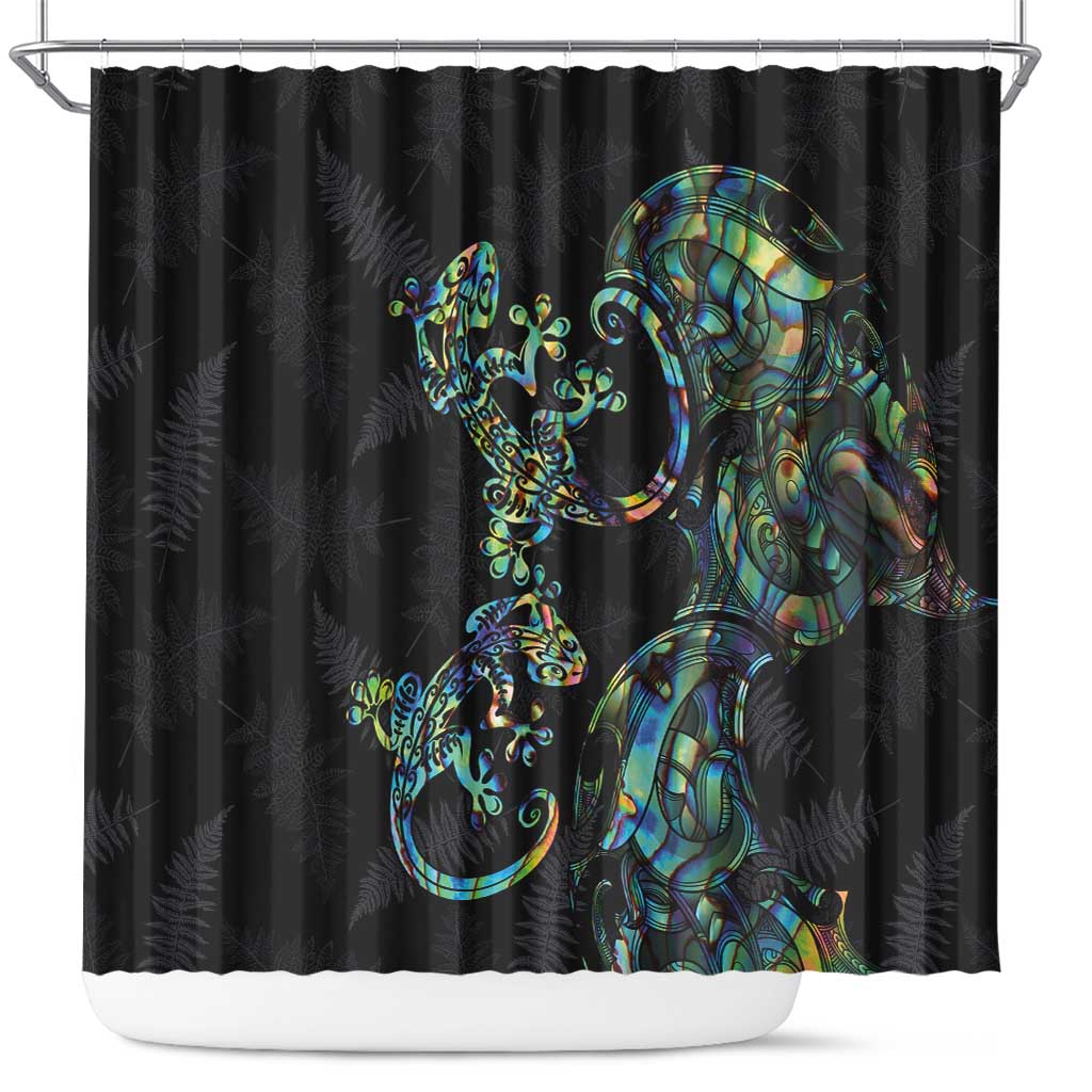 New Zealand Gecko Maori Art Tattoo Shower Curtain Silver Fern and Paua Shell Mode LT03 Black - Polynesian Pride