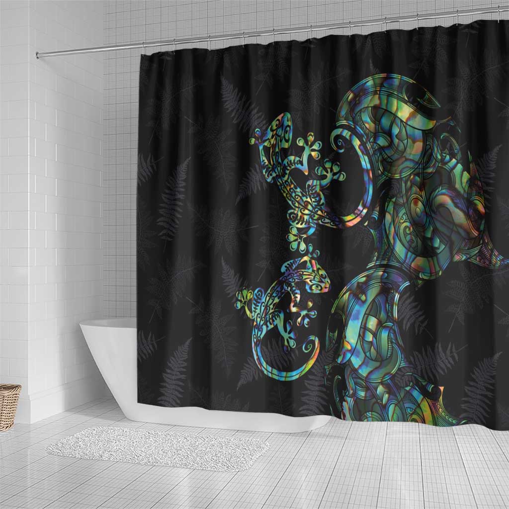 New Zealand Gecko Maori Art Tattoo Shower Curtain Silver Fern and Paua Shell Mode LT03 - Polynesian Pride