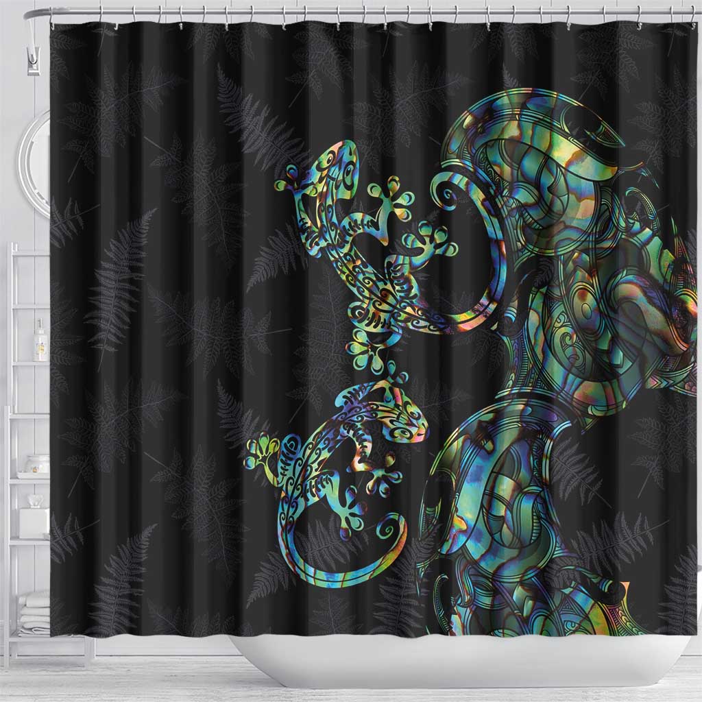 New Zealand Gecko Maori Art Tattoo Shower Curtain Silver Fern and Paua Shell Mode LT03 - Polynesian Pride