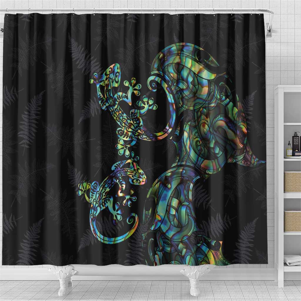 New Zealand Gecko Maori Art Tattoo Shower Curtain Silver Fern and Paua Shell Mode LT03 - Polynesian Pride