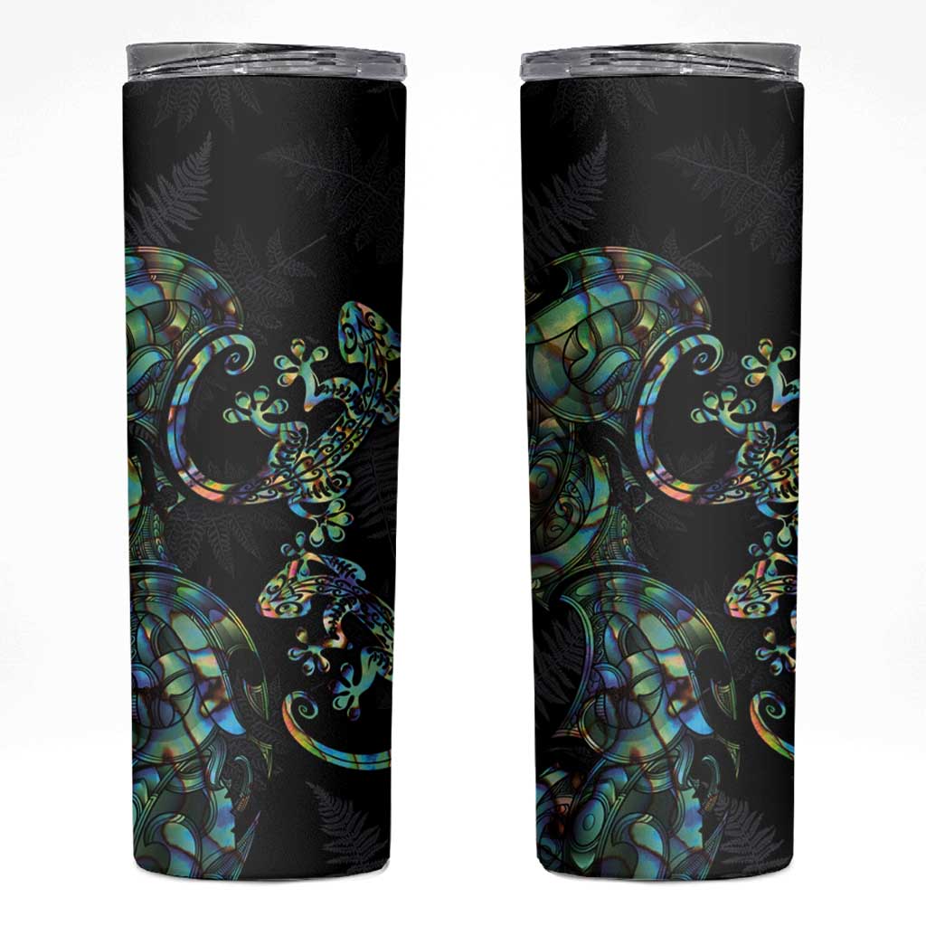 New Zealand Gecko Maori Art Tattoo Skinny Tumbler Paua Shell Mode with Silver Fern Pattern LT03 Black - Polynesian Pride