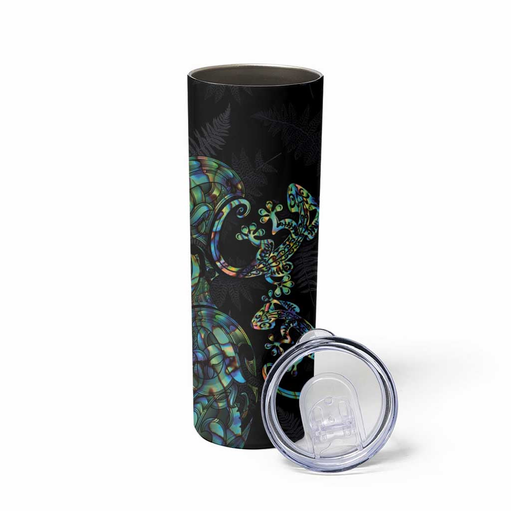New Zealand Gecko Maori Art Tattoo Skinny Tumbler Paua Shell Mode with Silver Fern Pattern LT03 - Polynesian Pride
