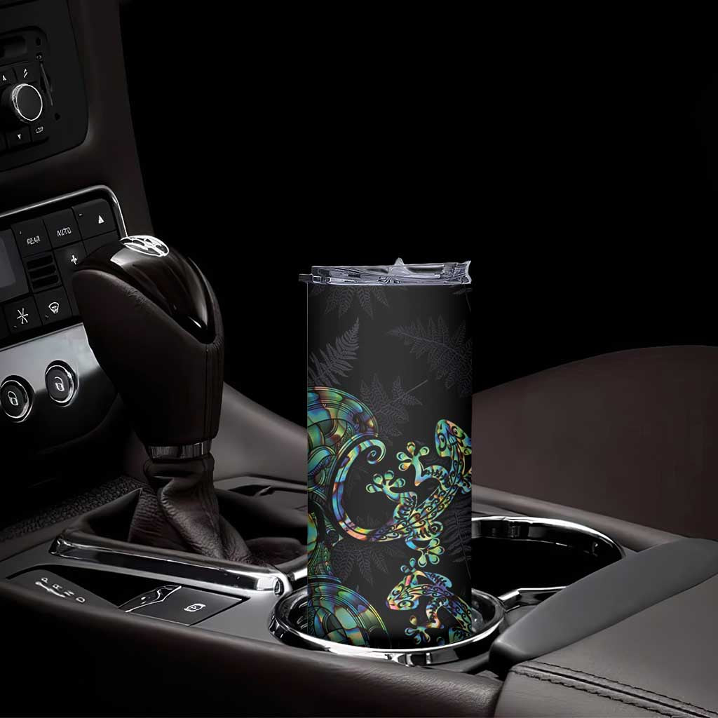 New Zealand Gecko Maori Art Tattoo Skinny Tumbler Paua Shell Mode with Silver Fern Pattern LT03 - Polynesian Pride