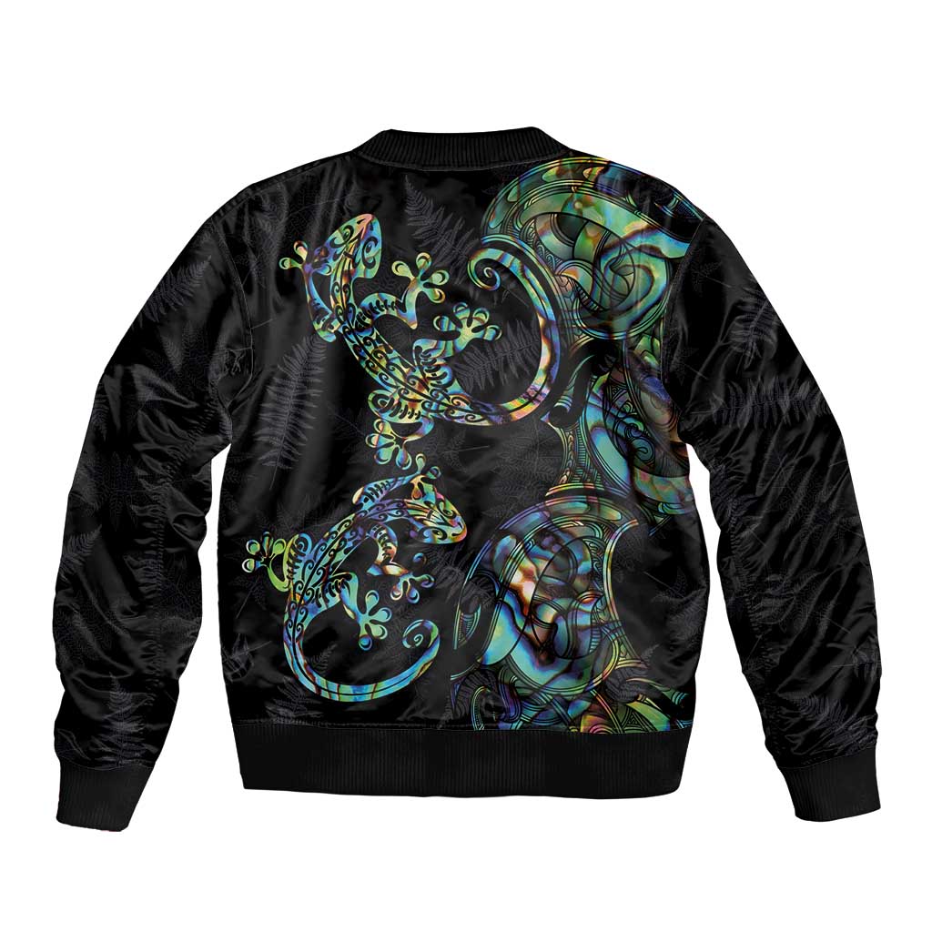 New Zealand Gecko Maori Art Tattoo Sleeve Zip Bomber Jacket Silver Fern and Paua Shell Mode LT03 - Polynesian Pride