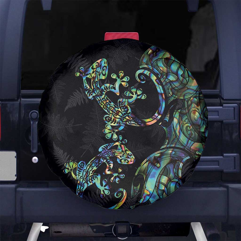 New Zealand Gecko Maori Art Tattoo Spare Tire Cover Silver Fern and Paua Shell Mode LT03 - Polynesian Pride