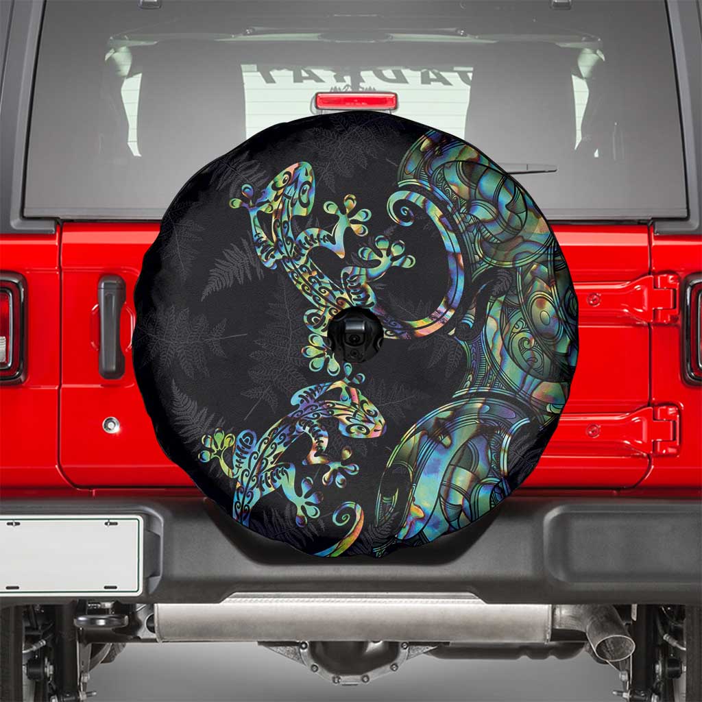 New Zealand Gecko Maori Art Tattoo Spare Tire Cover Silver Fern and Paua Shell Mode LT03 - Polynesian Pride