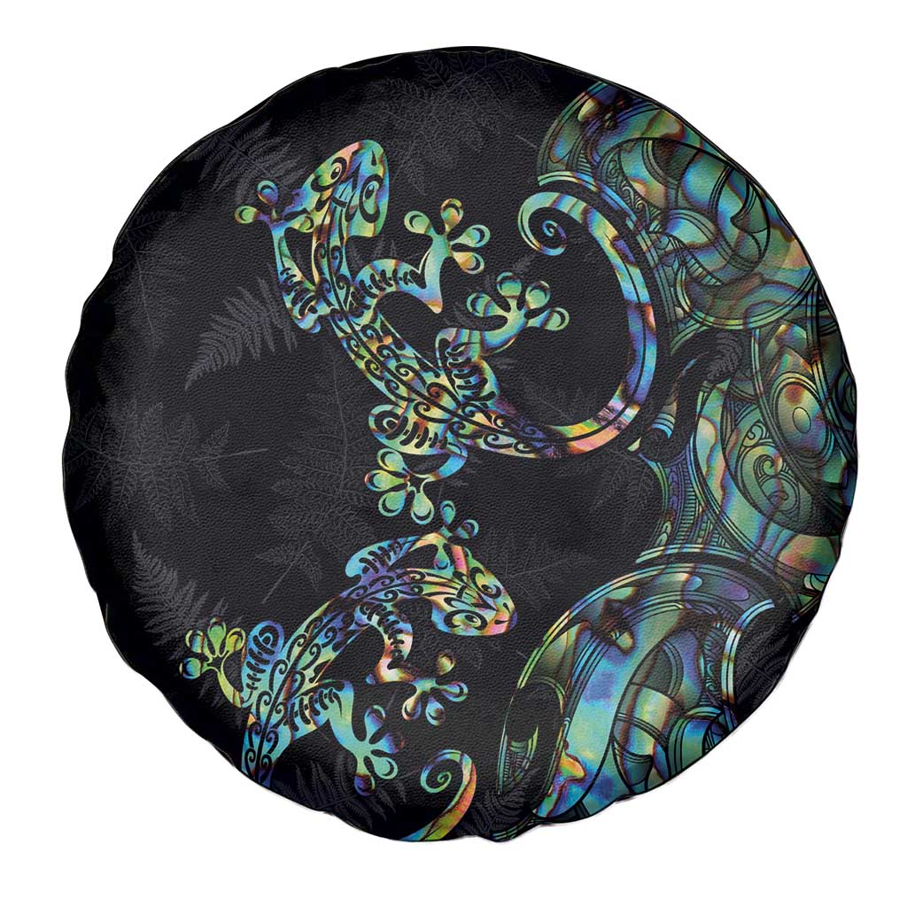 New Zealand Gecko Maori Art Tattoo Spare Tire Cover Silver Fern and Paua Shell Mode LT03 - Polynesian Pride