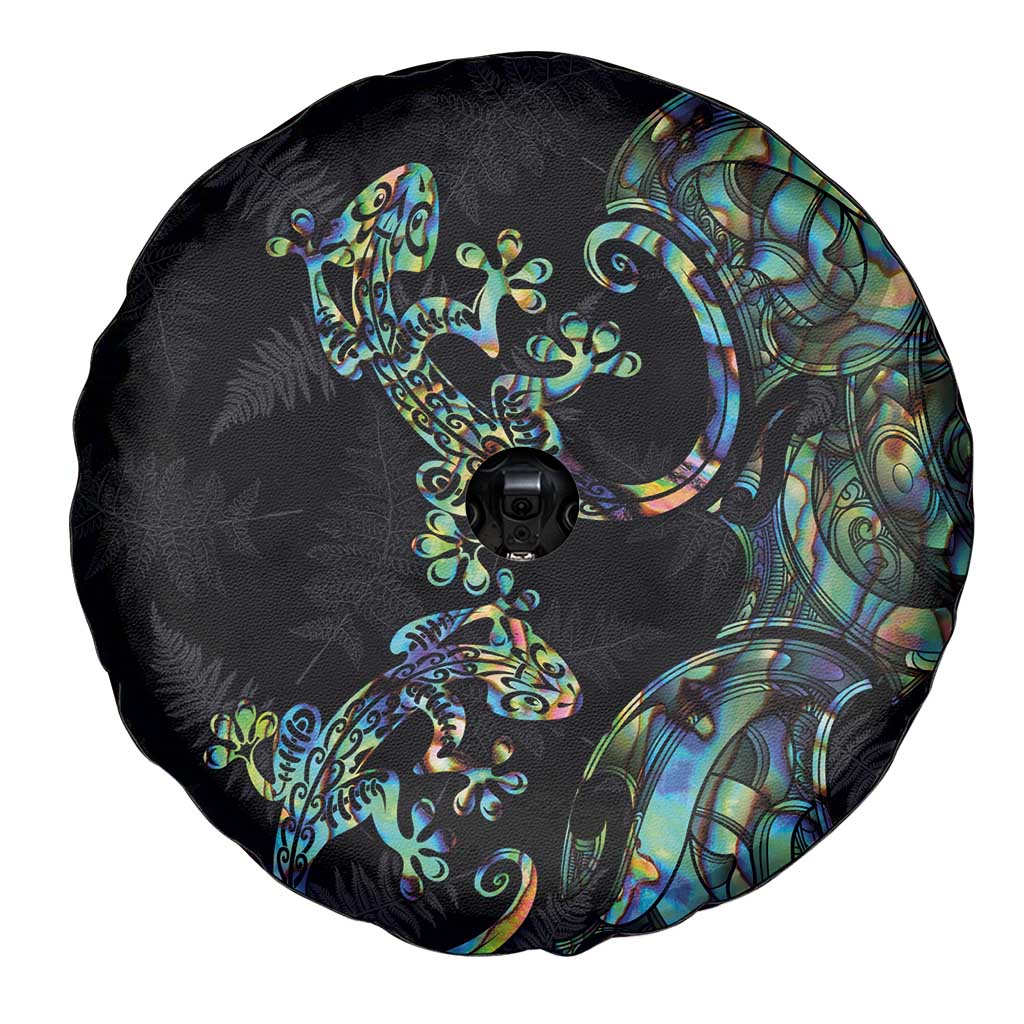 New Zealand Gecko Maori Art Tattoo Spare Tire Cover Silver Fern and Paua Shell Mode LT03 - Polynesian Pride