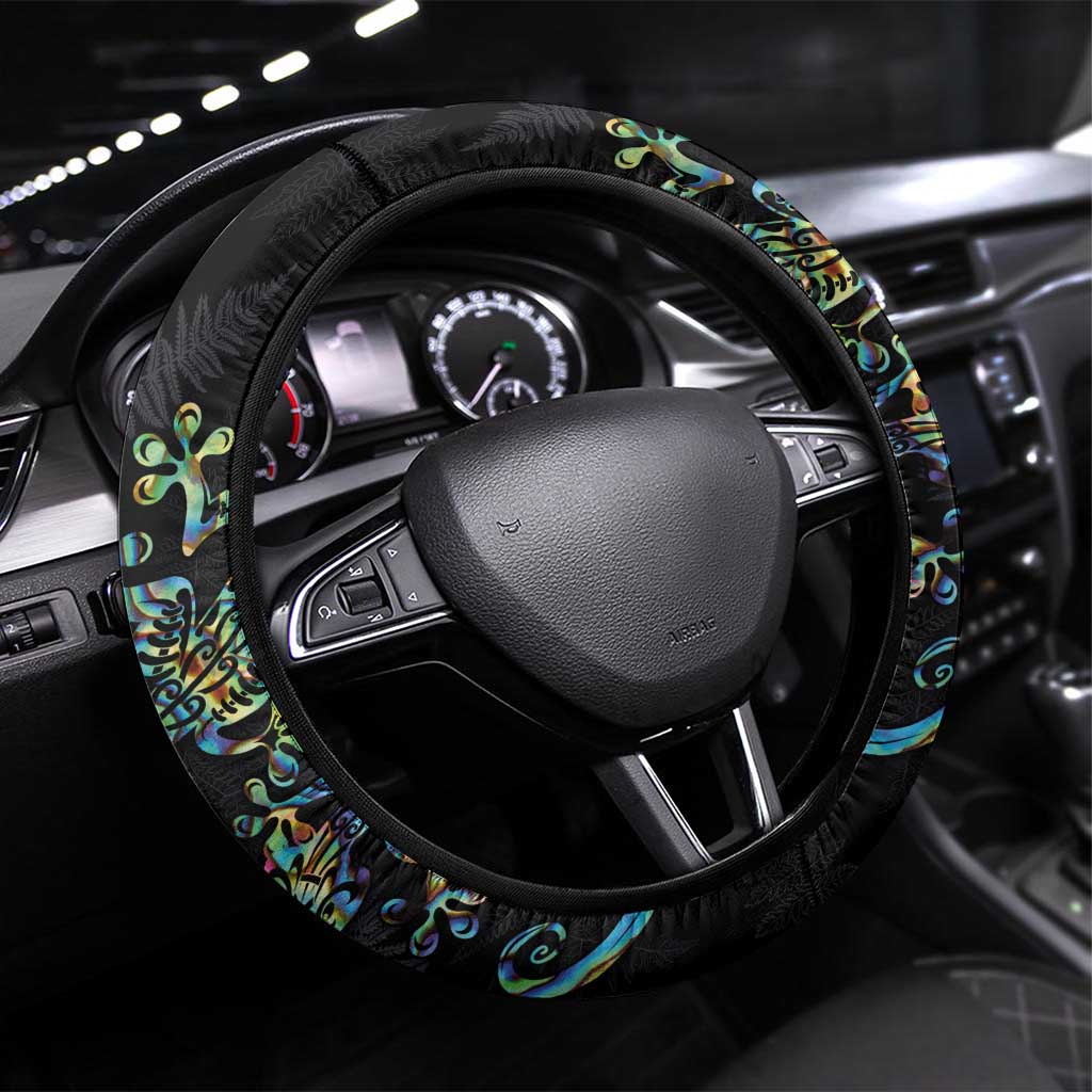 New Zealand Gecko Maori Art Tattoo Steering Wheel Cover Silver Fern and Paua Shell Mode LT03 Universal Fit Black - Polynesian Pride