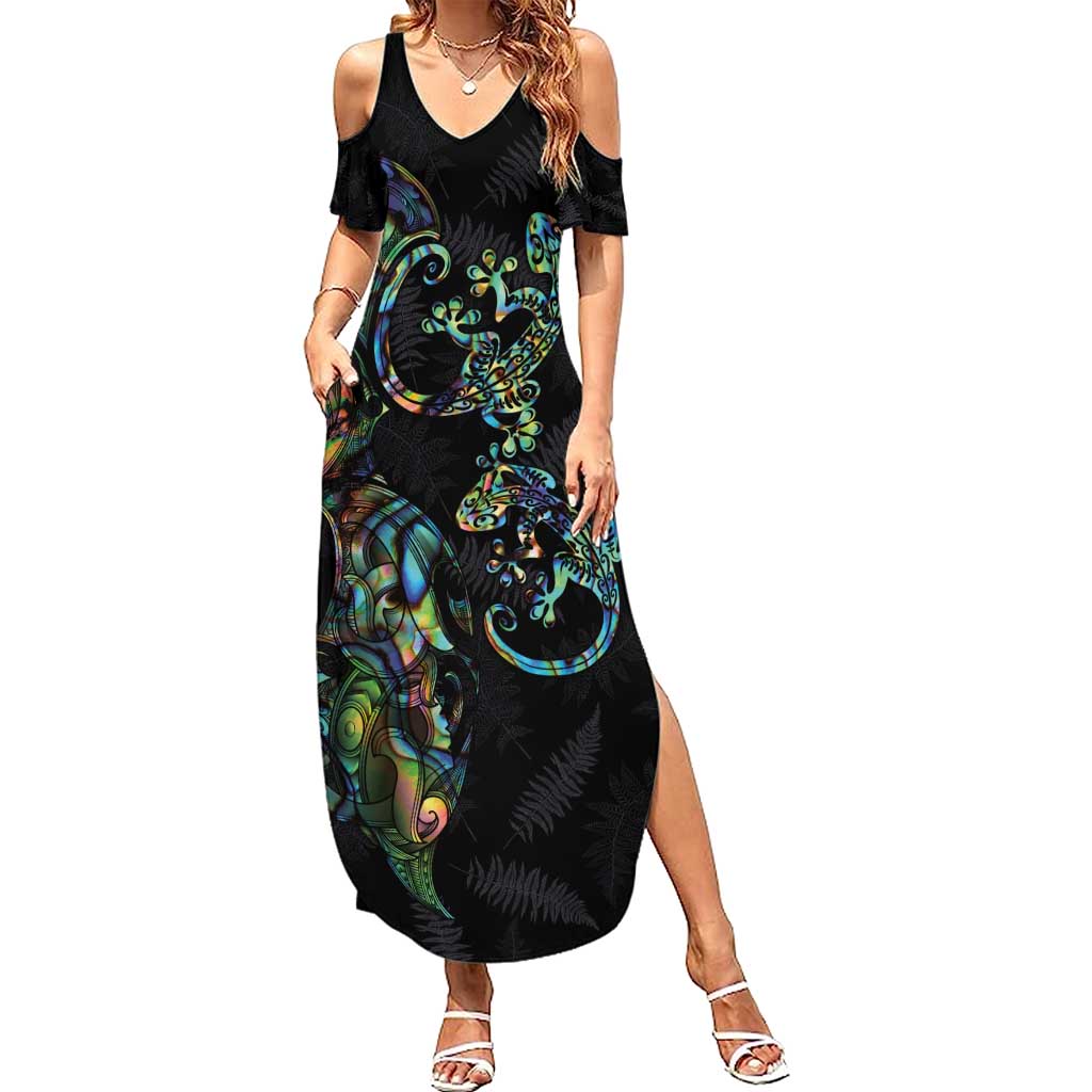 New Zealand Gecko Maori Art Tattoo Summer Maxi Dress Silver Fern and Paua Shell Mode LT03 Women Black - Polynesian Pride