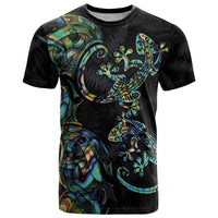 New Zealand Gecko Maori Art Tattoo T Shirt Silver Fern and Paua Shell Mode LT03 Black - Polynesian Pride