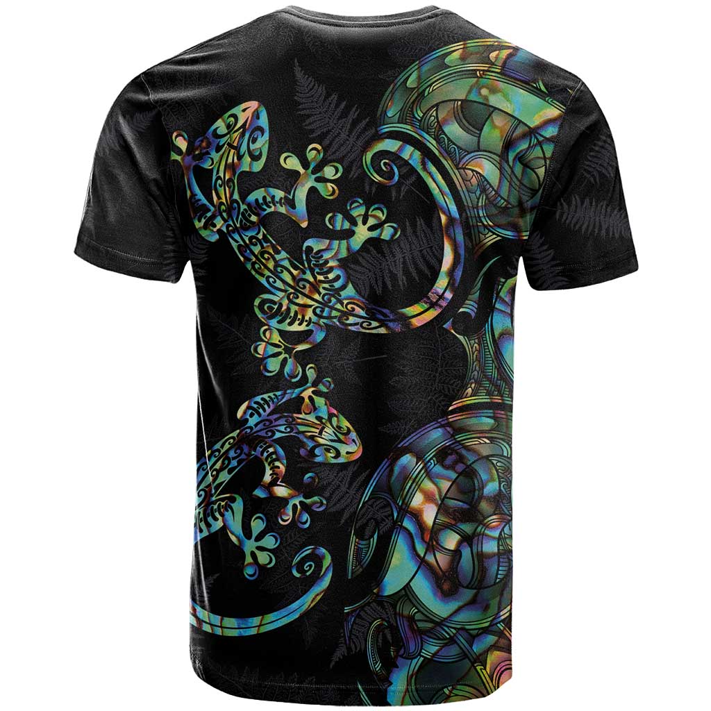 New Zealand Gecko Maori Art Tattoo T Shirt Silver Fern and Paua Shell Mode LT03 - Polynesian Pride