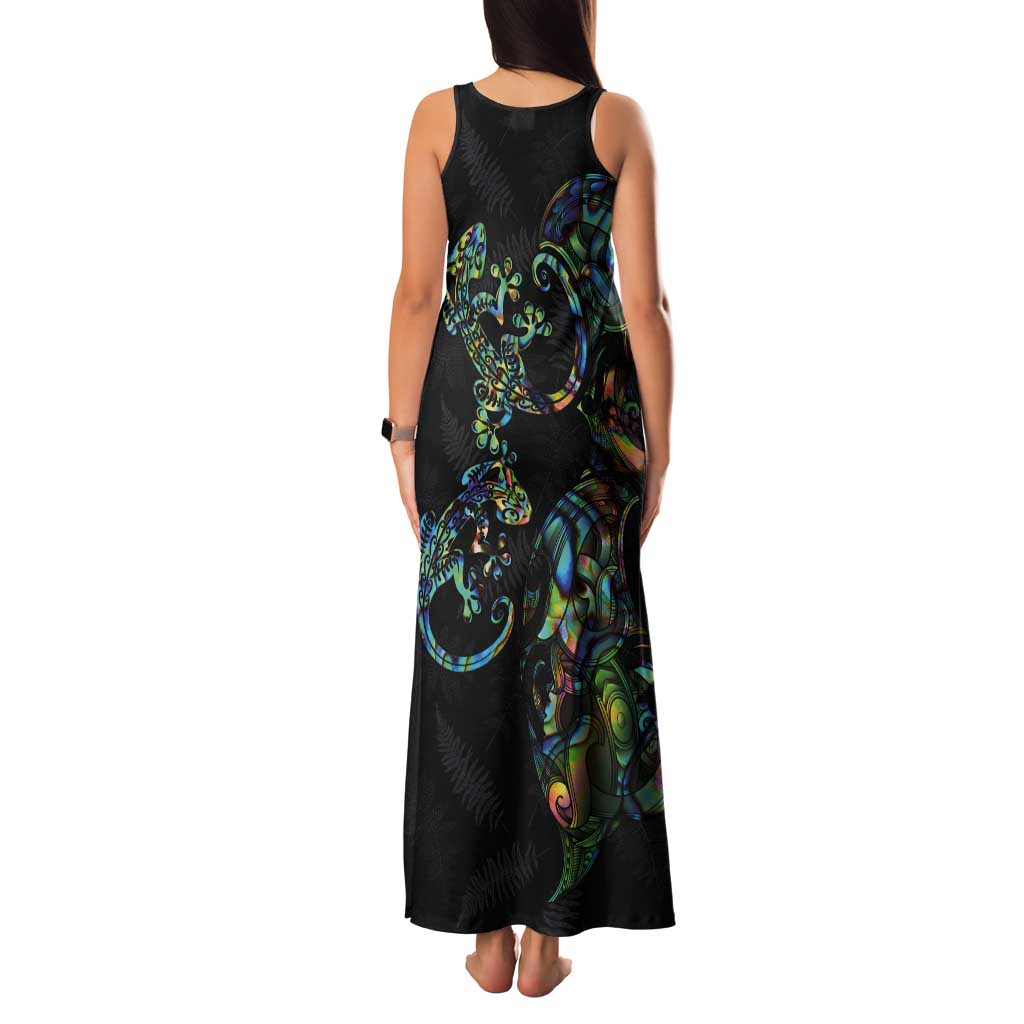 New Zealand Gecko Maori Art Tattoo Tank Maxi Dress Silver Fern and Paua Shell Mode LT03 - Polynesian Pride