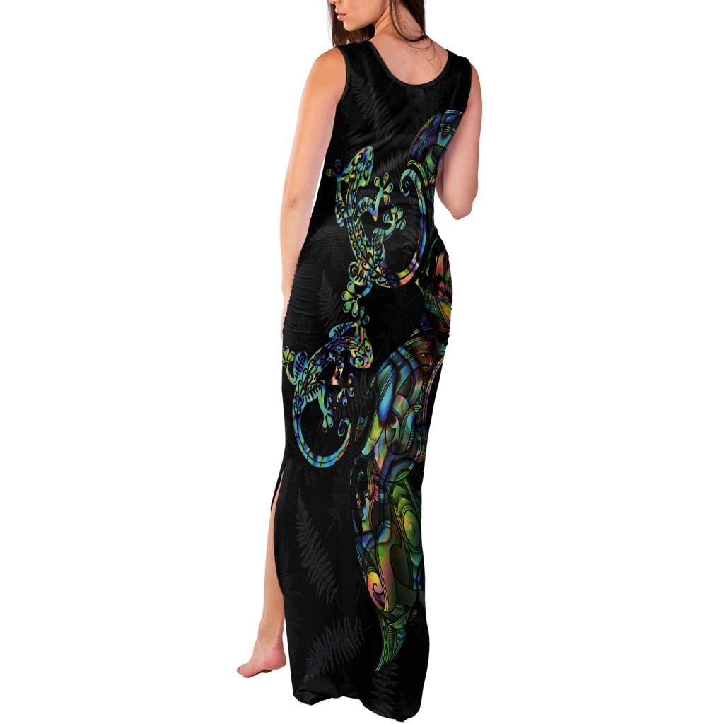 New Zealand Gecko Maori Art Tattoo Tank Maxi Dress Silver Fern and Paua Shell Mode LT03 - Polynesian Pride