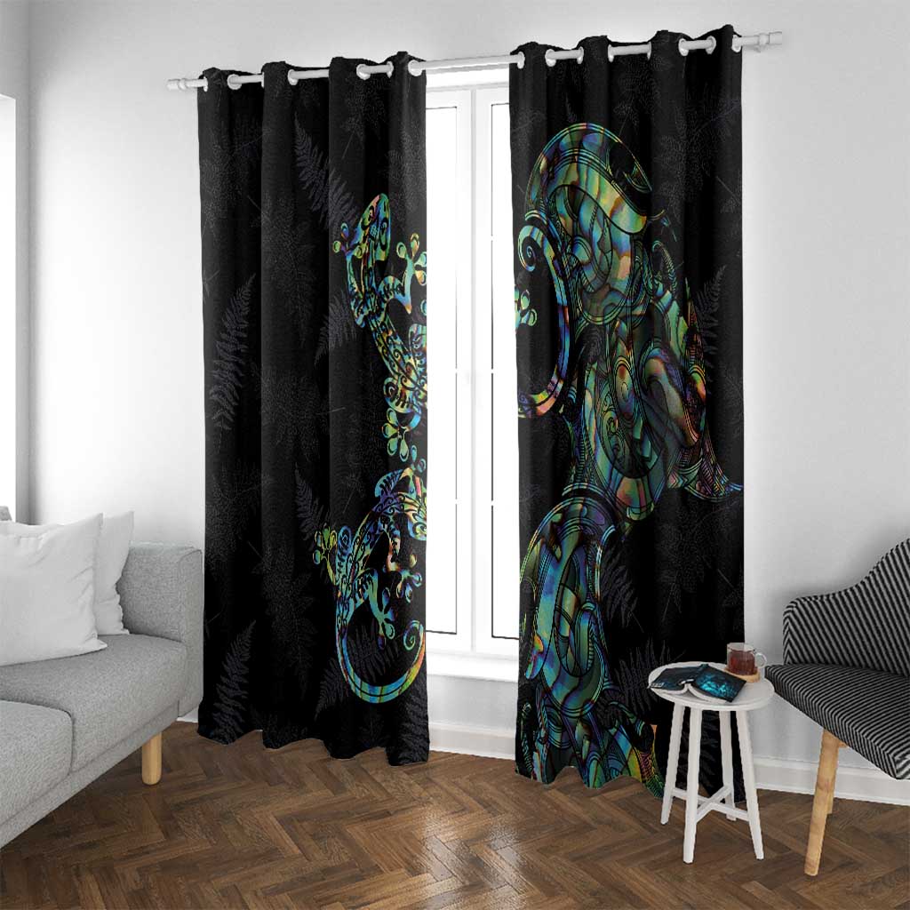 New Zealand Gecko Maori Art Tattoo Window Curtain Silver Fern and Paua Shell Mode LT03 With Grommets Black - Polynesian Pride