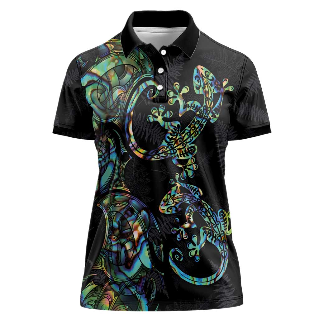 New Zealand Gecko Maori Art Tattoo Women Polo Shirt Silver Fern and Paua Shell Mode LT03 Female Black - Polynesian Pride