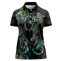 New Zealand Gecko Maori Art Tattoo Women Polo Shirt Silver Fern and Paua Shell Mode LT03 Female Black - Polynesian Pride