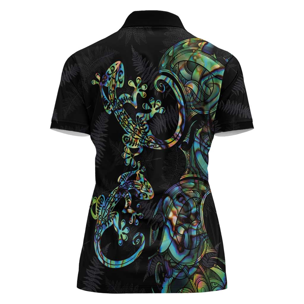 New Zealand Gecko Maori Art Tattoo Women Polo Shirt Silver Fern and Paua Shell Mode LT03 - Polynesian Pride