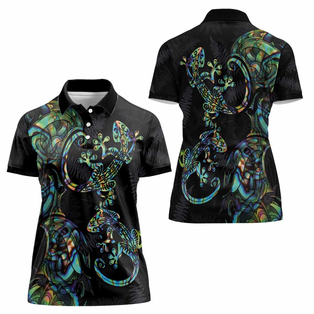 New Zealand Gecko Maori Art Tattoo Women Polo Shirt Silver Fern and Paua Shell Mode LT03 - Polynesian Pride