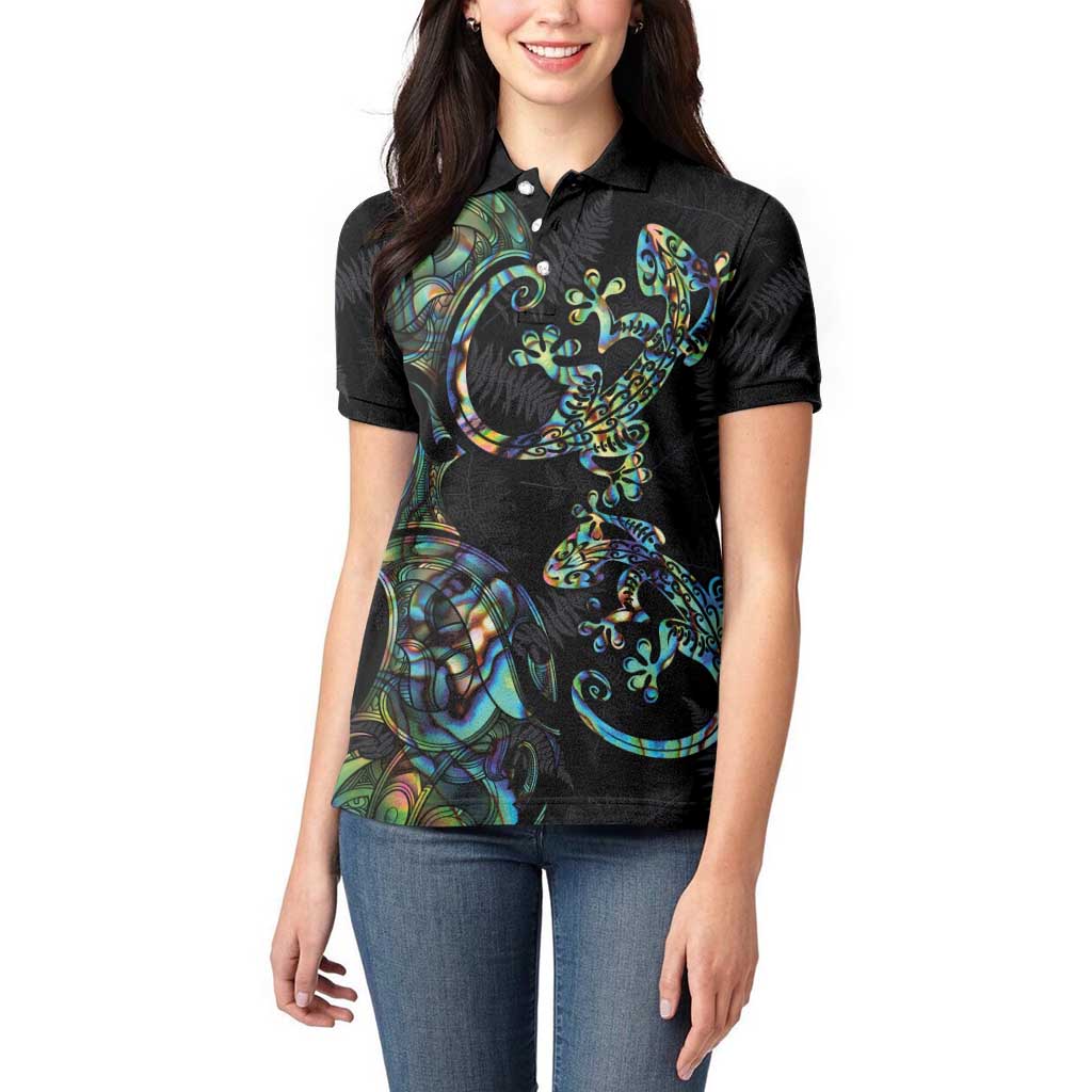New Zealand Gecko Maori Art Tattoo Women Polo Shirt Silver Fern and Paua Shell Mode LT03 - Polynesian Pride