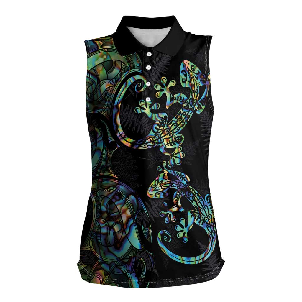 New Zealand Gecko Maori Art Tattoo Women Sleeveless Polo Shirt Silver Fern and Paua Shell Mode LT03 Female Black - Polynesian Pride