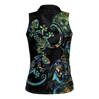 New Zealand Gecko Maori Art Tattoo Women Sleeveless Polo Shirt Silver Fern and Paua Shell Mode LT03 - Polynesian Pride