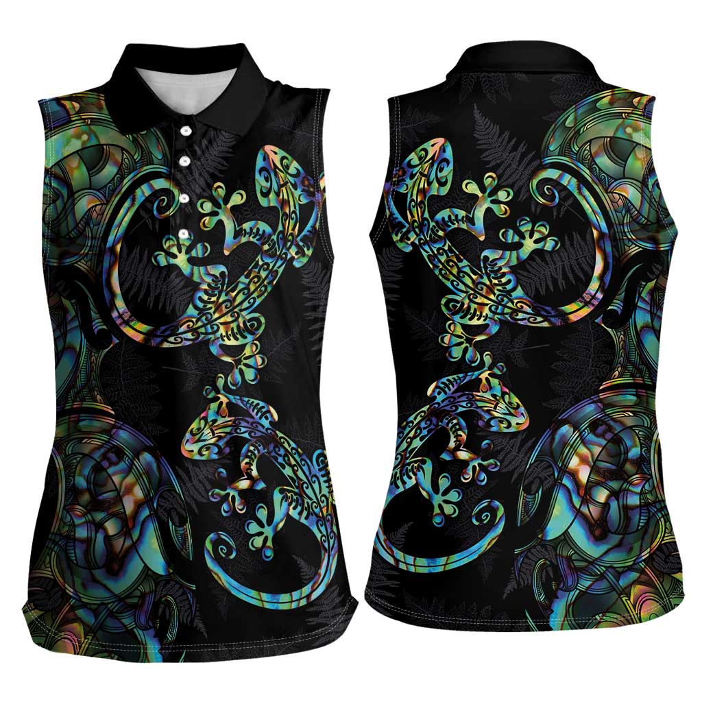 New Zealand Gecko Maori Art Tattoo Women Sleeveless Polo Shirt Silver Fern and Paua Shell Mode LT03 - Polynesian Pride