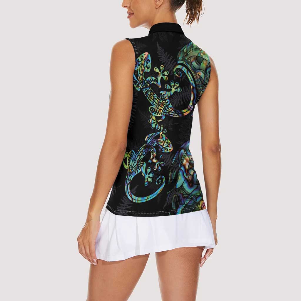 New Zealand Gecko Maori Art Tattoo Women Sleeveless Polo Shirt Silver Fern and Paua Shell Mode LT03 - Polynesian Pride