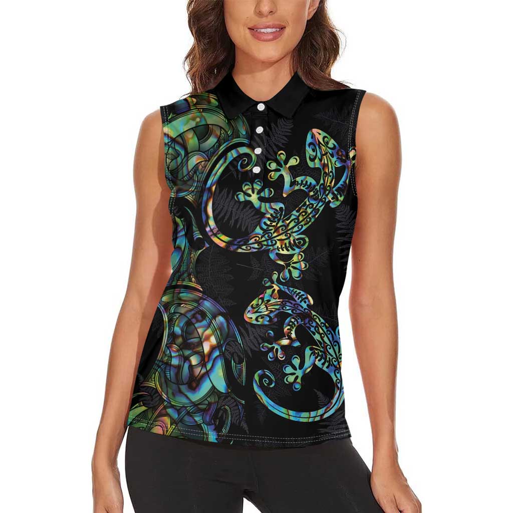 New Zealand Gecko Maori Art Tattoo Women Sleeveless Polo Shirt Silver Fern and Paua Shell Mode LT03 - Polynesian Pride