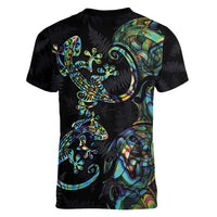 New Zealand Gecko Maori Art Tattoo Women V-Neck T-Shirt Silver Fern and Paua Shell Mode LT03 - Polynesian Pride