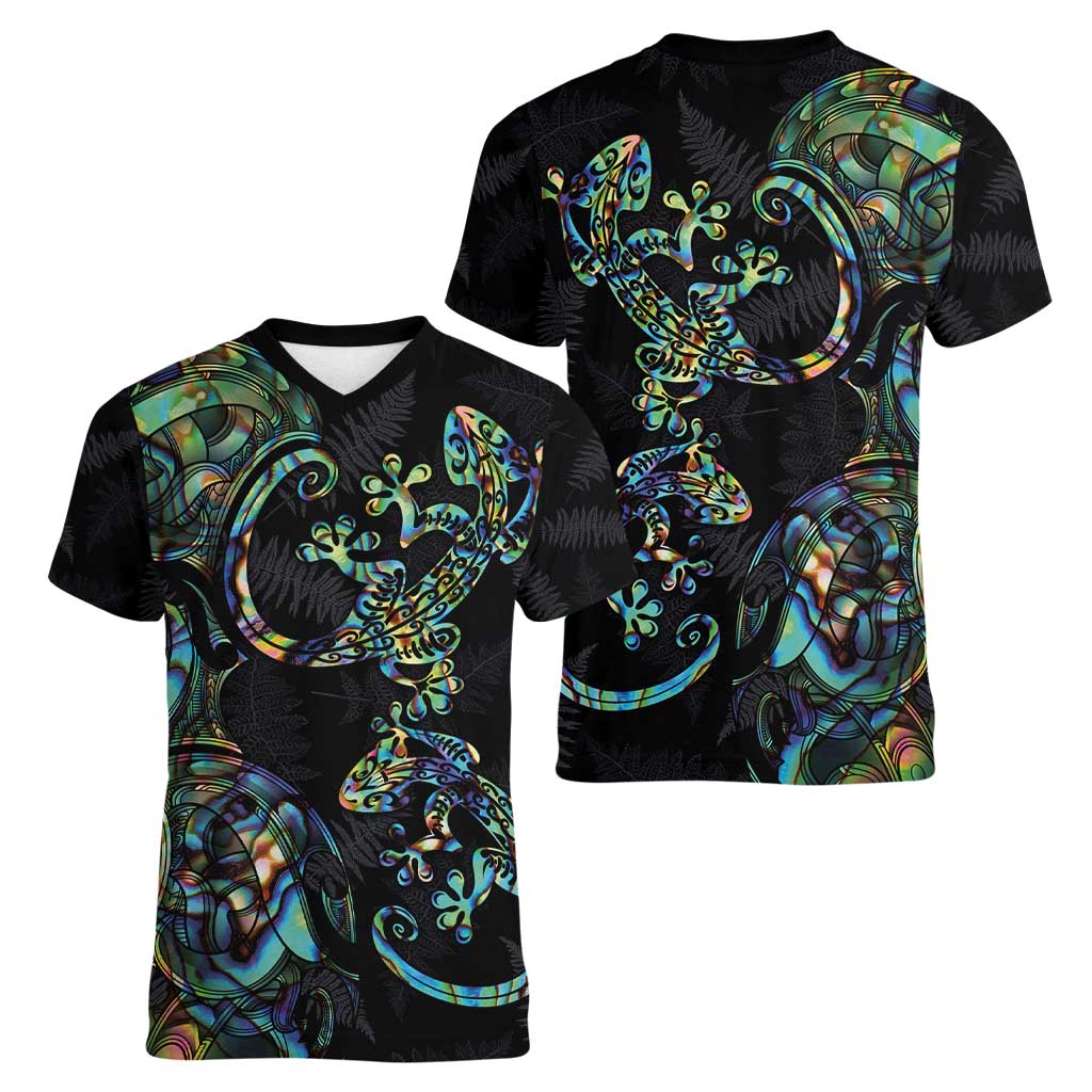 New Zealand Gecko Maori Art Tattoo Women V-Neck T-Shirt Silver Fern and Paua Shell Mode LT03 - Polynesian Pride