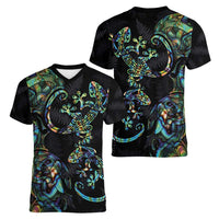 New Zealand Gecko Maori Art Tattoo Women V-Neck T-Shirt Silver Fern and Paua Shell Mode LT03 - Polynesian Pride