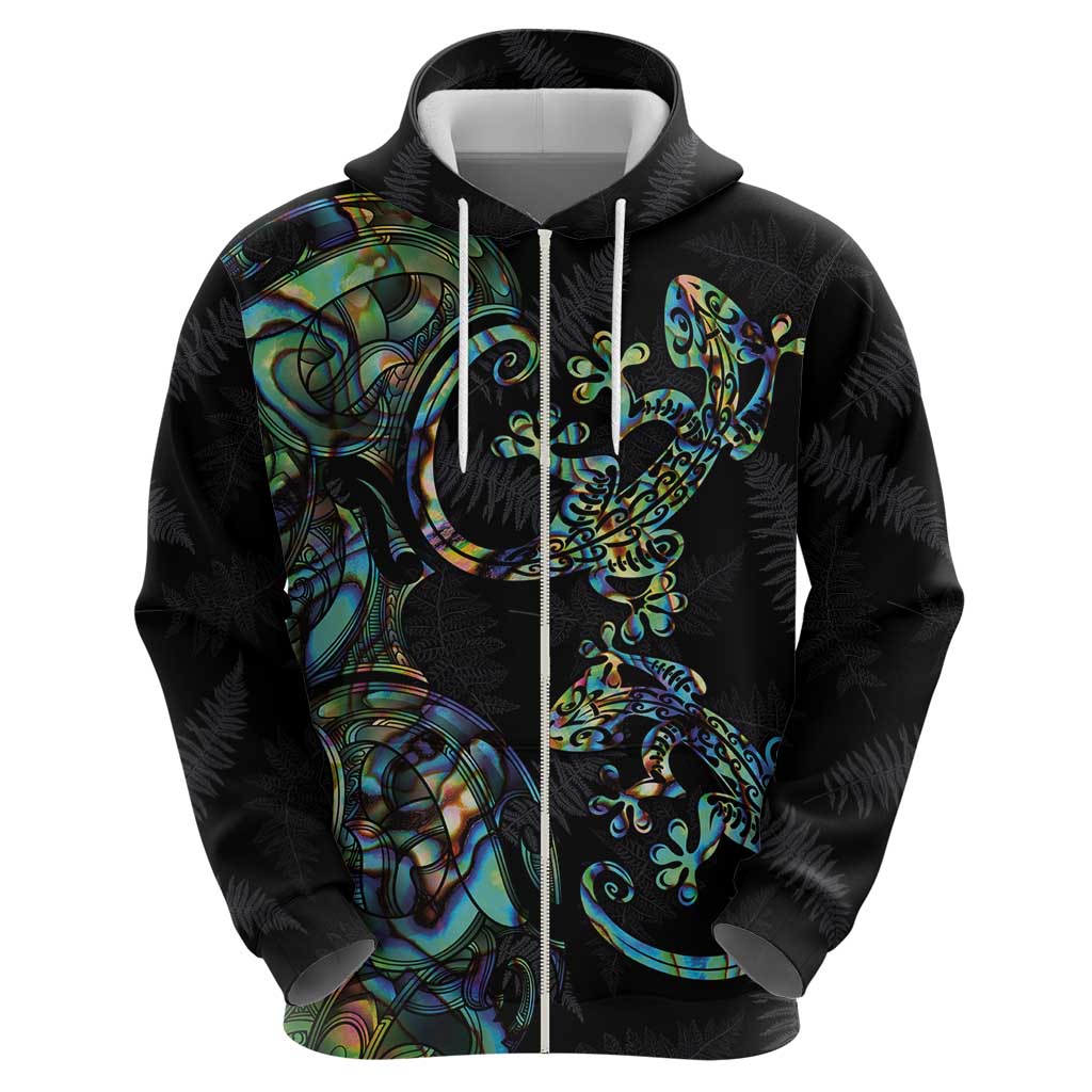 New Zealand Gecko Maori Art Tattoo Zip Hoodie Silver Fern and Paua Shell Mode LT03 - Polynesian Pride